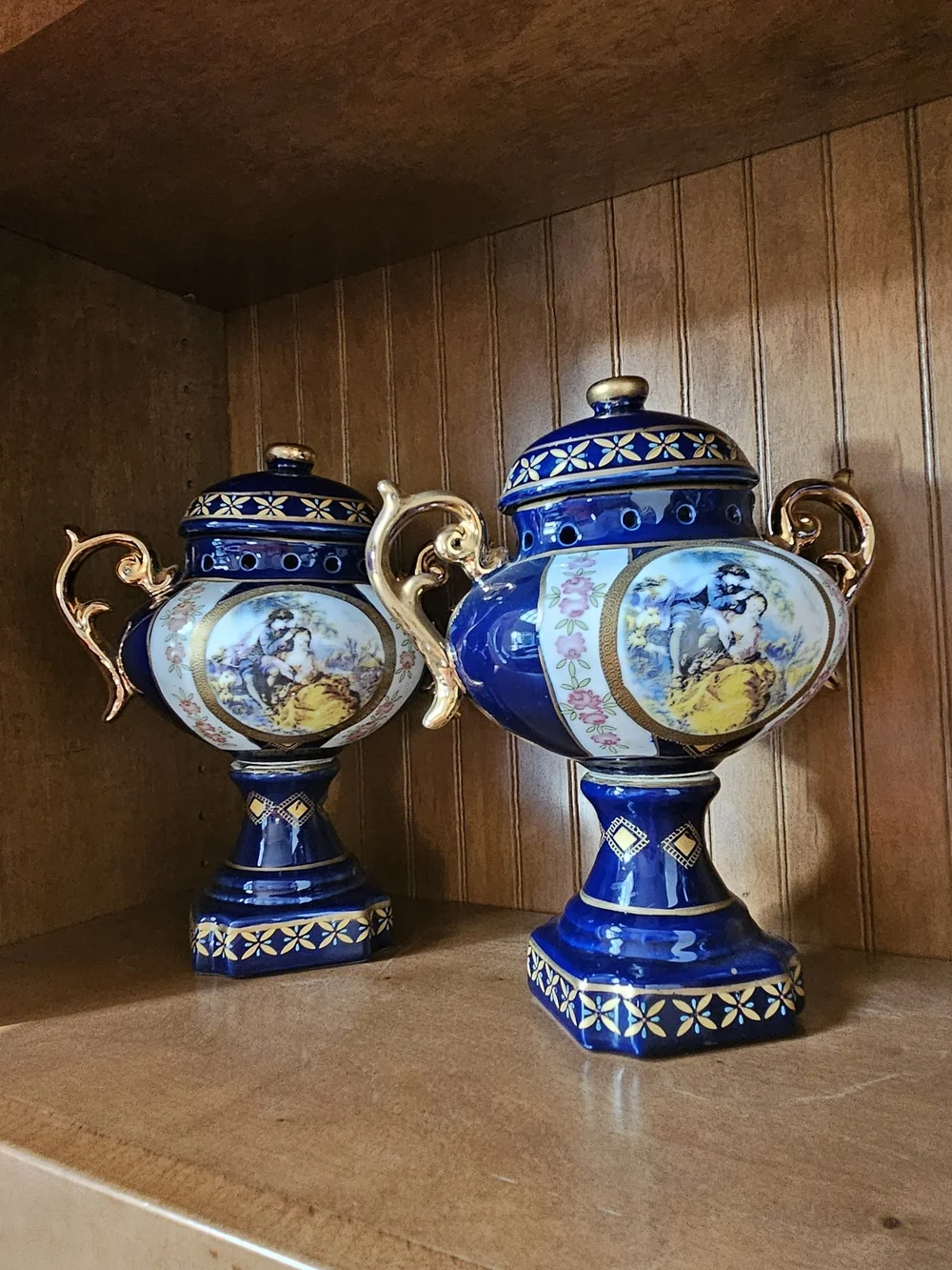 Cobalt Blue Decorative Porcelain Urn with Gold Handles - Classic Home Accent